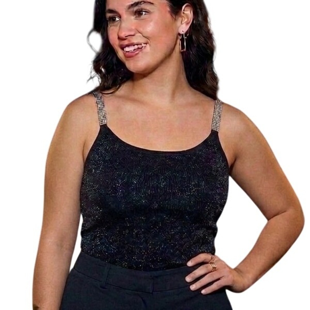 Vtg‎ Pointelle Shimmer Cami Tank Top Black Silk Blend Metallic Stud Strap Y2K XL